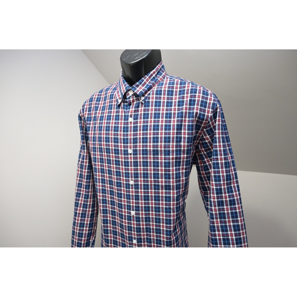 J.Crew Button Up Dress Shirt Mens Large Navy Blue Plaid Slim Untucked Flex Wash
